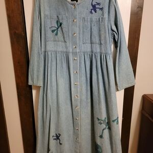 Denim Dress with Frog and Dragonfly Embroidery